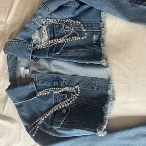 pearl and chain cropped denim jacket